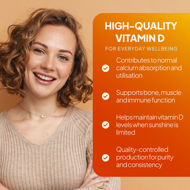 Vitamin D supplement lifestyle benefits image claims about calcium absorption, bone, muscle and immune support, maintaining vitamin D levels when sunshine is limited, and quality-controlled production