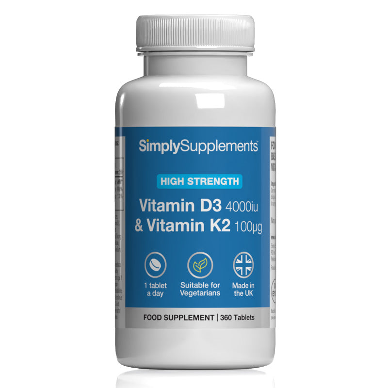 Supplement bottle labeled 'SimplySupplements' containing Vitamin D3 and Vitamin K2 on a white background.