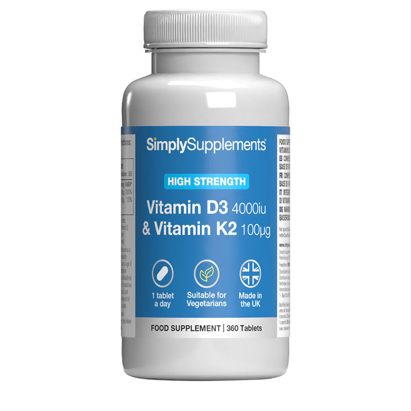 Supplement bottle labeled 'SimplySupplements' containing Vitamin D3 and Vitamin K2 on a white background.