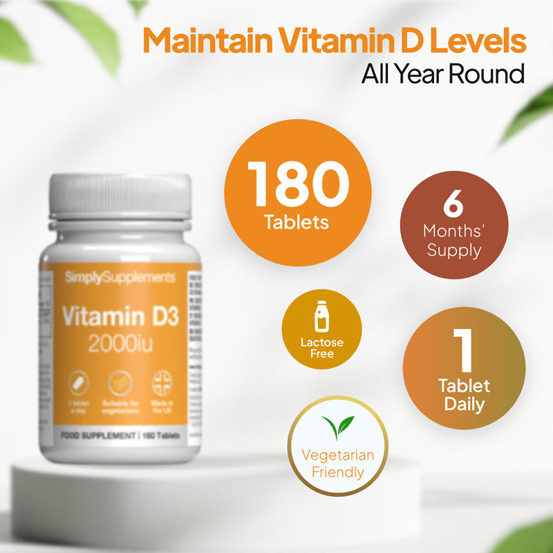 Vitamin D3 Tablets 2000iu 180 tablets, 6 months supply (1 per day). Lactose free and vegetarian friendly
