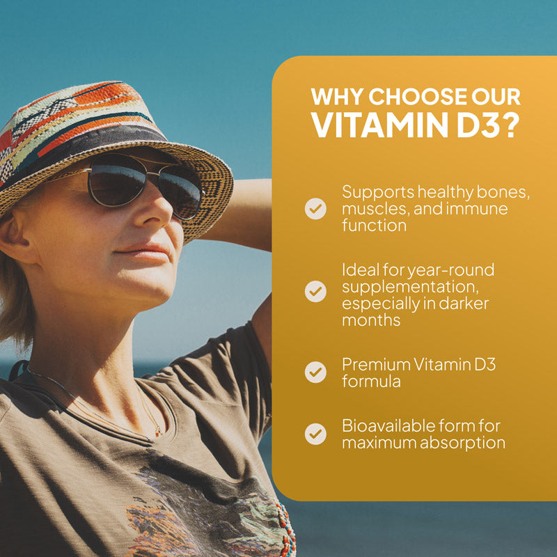 Vitamin D3 supports healthy bone and muscle function and are ideal for yearf round especially the darker months