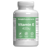 Supplement bottle labeled 'SimplySupplements Vitamin E 400iu' on a white background