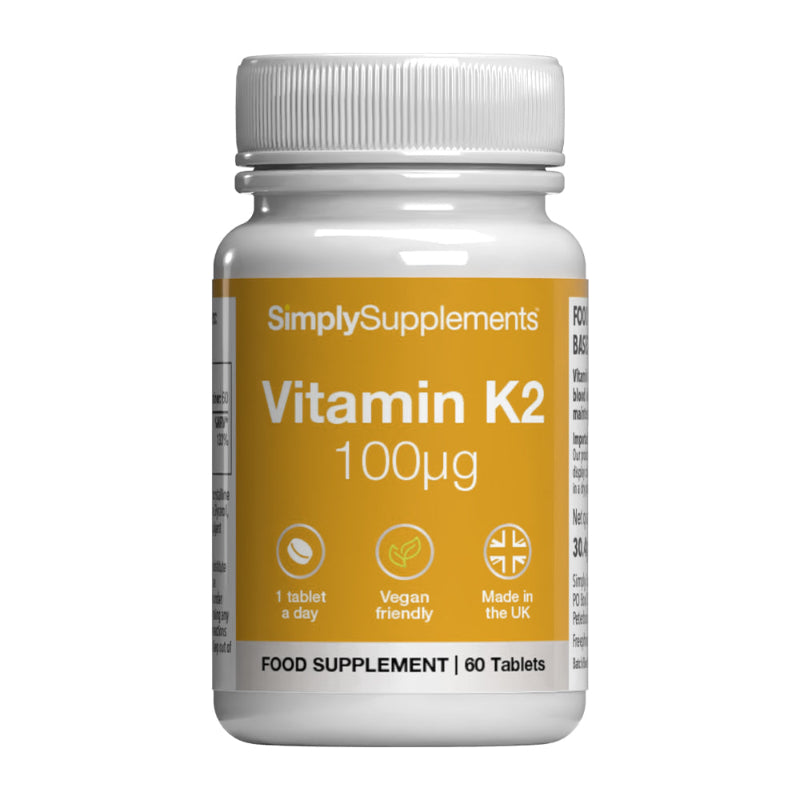 Simply Supplements Vitamin K2 100µg food supplement, 60 tablets, 1 tablet a day, vegan friendly, made in the UK.