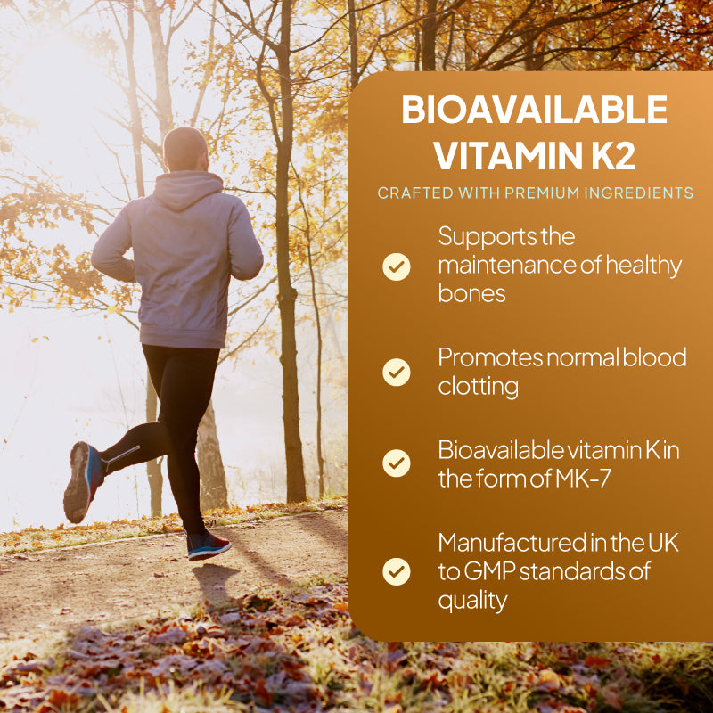 Simply Supplements Vitamin K2 lifestyle graphic highlighting support for healthy bones, normal blood clotting, bioavailable MK-7 vitamin K, and UK GMP quality.
