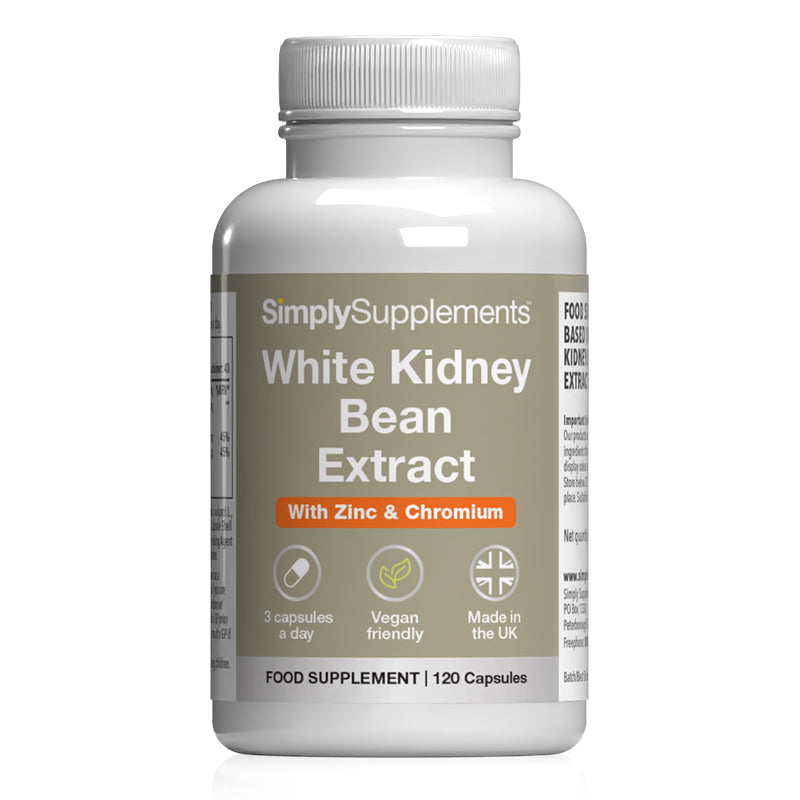 Supplement bottle labeled 'White Kidney Bean Extract' by SimplySupplements on a white background