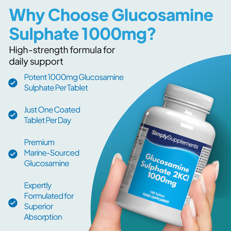 Why choose Glucosamine Sulphate 1,000mg? High strength formula for daily support. Expertly formulated for superior absorption.