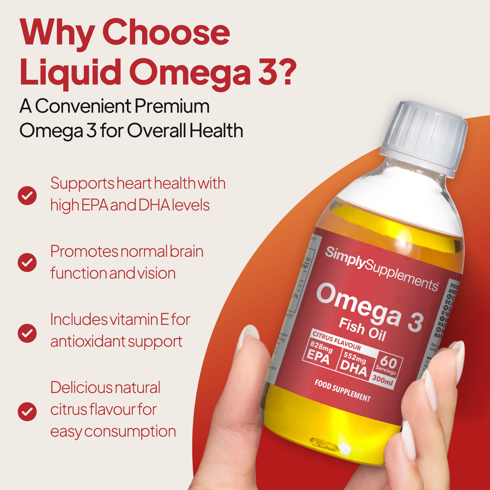 Why choose Liquid Omega 3?  Supports heart health with high EPA and DHA levels, promotes normal brain and vision function.
