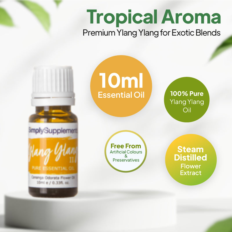 Simply Supplements Ylang Ylang essential oil graphic showing 10ml total,  100 percent pure ylang ylang oil, steam-distilled flower extract and free from artificial colours and preservatives.