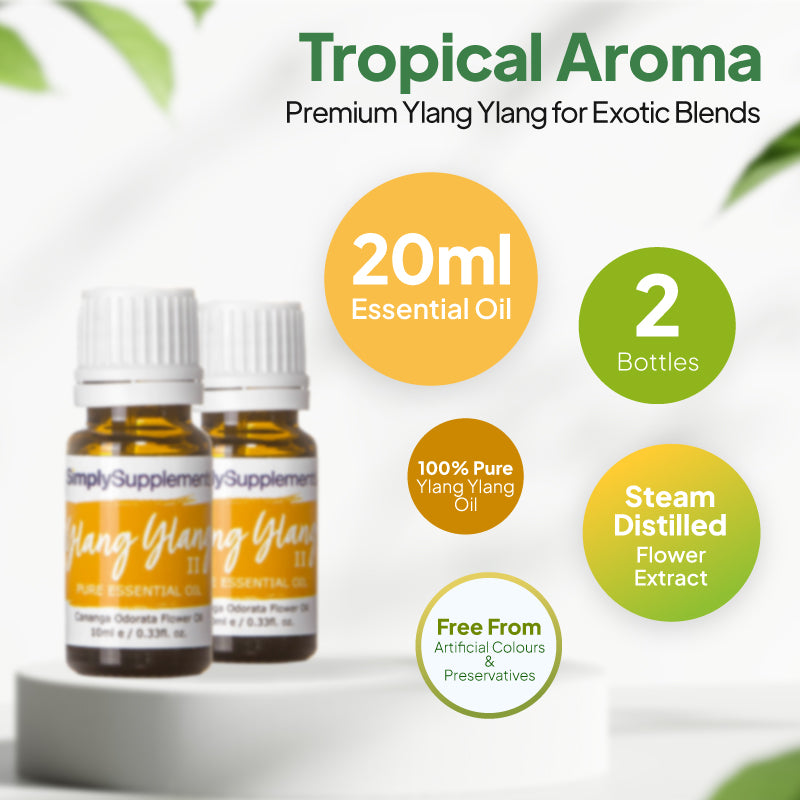 Simply Supplements Ylang Ylang essential oil graphic showing 20ml total, 2 bottles, 100 percent pure ylang ylang oil, steam-distilled flower extract and free from artificial colours and preservatives.