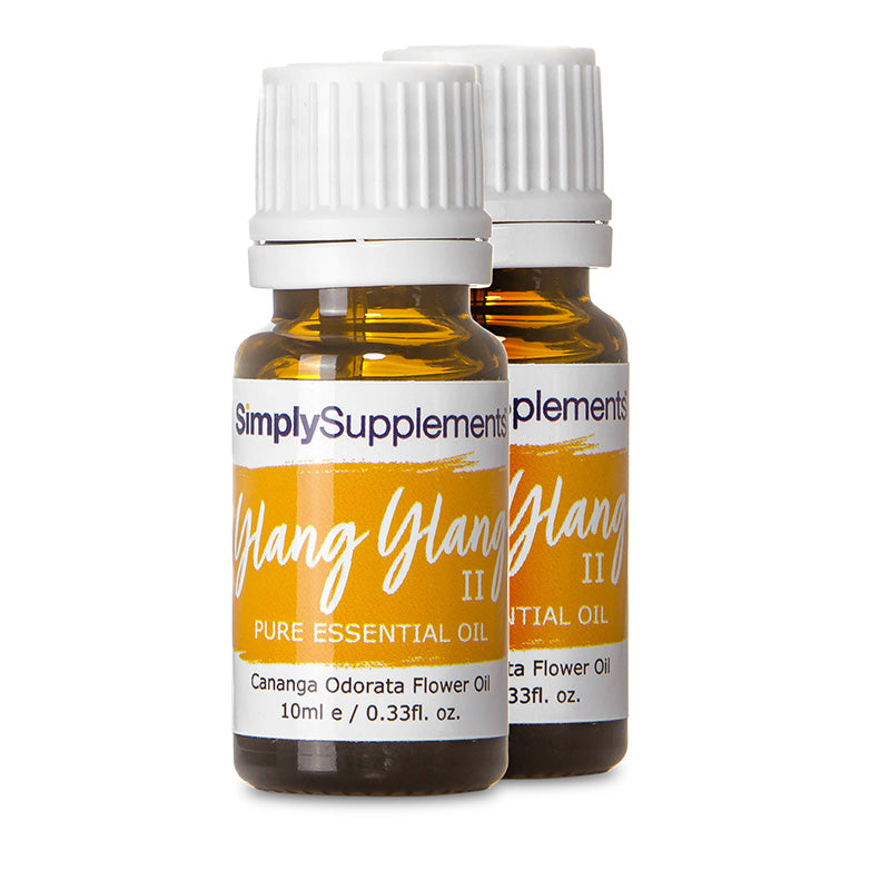 Two bottles of Simply Supplements Ylang Ylang II essential oil on a white background