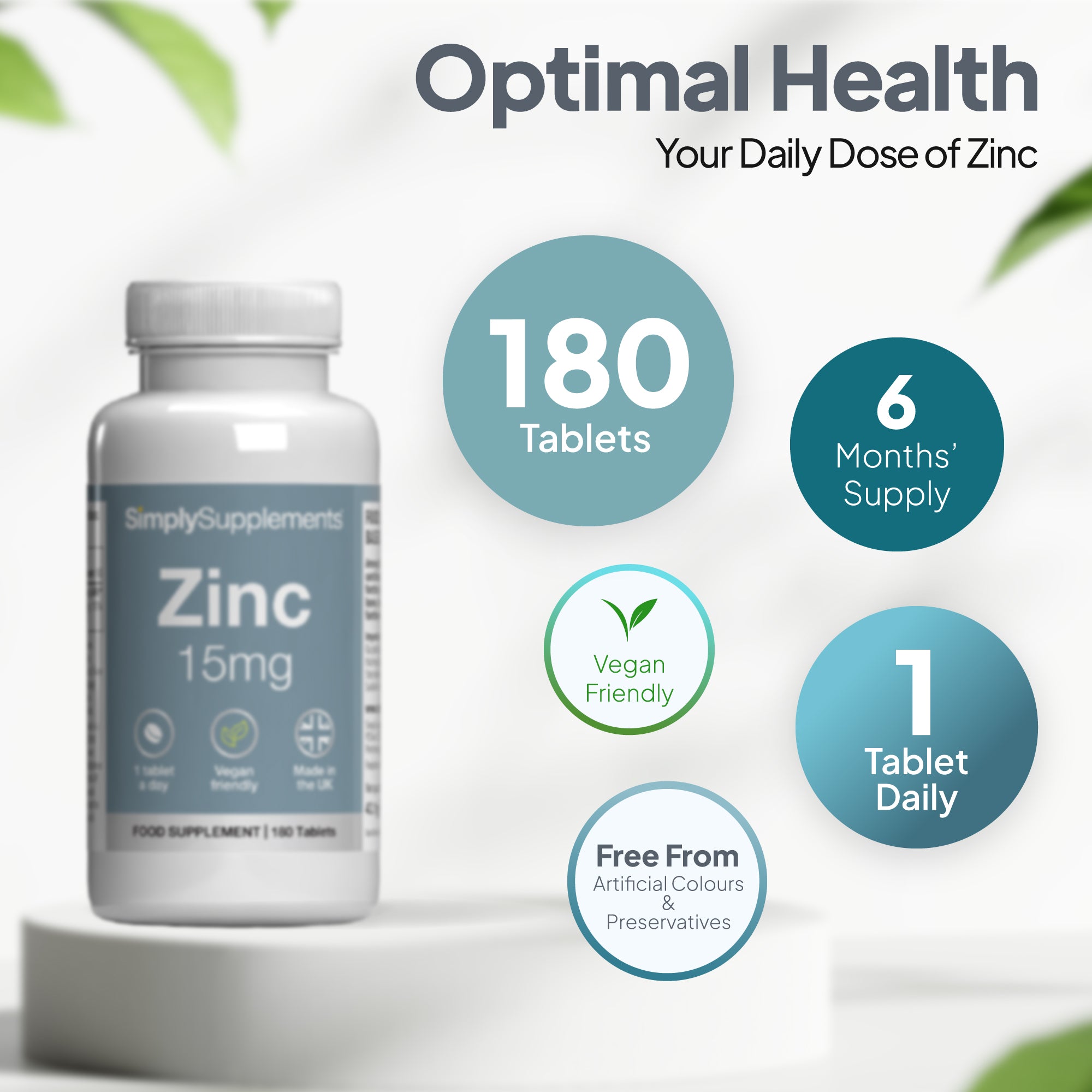 Simply Supplements Zinc Tablets 15mg includes 6 months' supply of tablets
