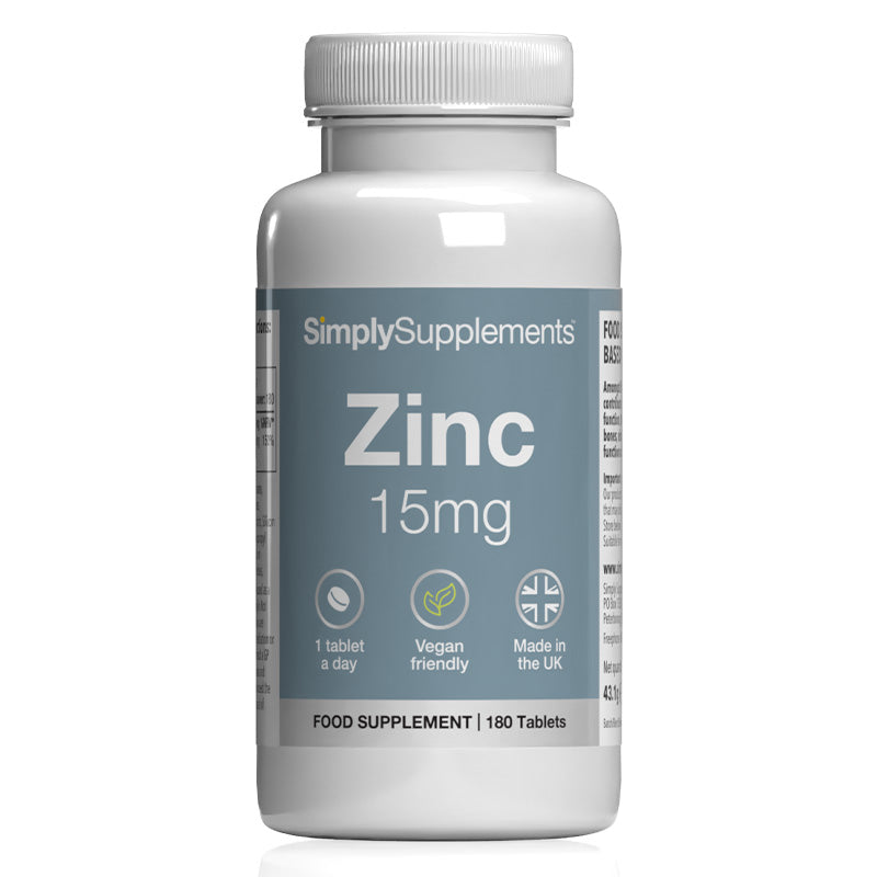 Bottle of SimplySupplements Zinc 15mg supplement on a white background