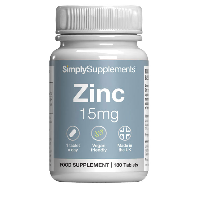 Bottle of SimplySupplements Zinc 15mg supplement on a white background