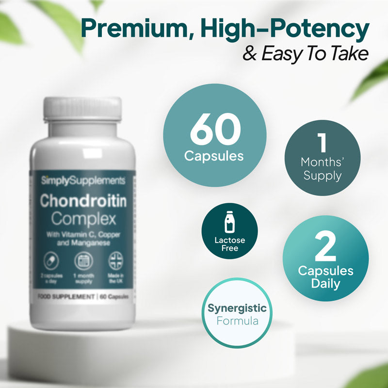 Chondroitin Complex with vitamin C, copper and manganese. 60 capsules is 1 month supply (2 per day). Lactose free