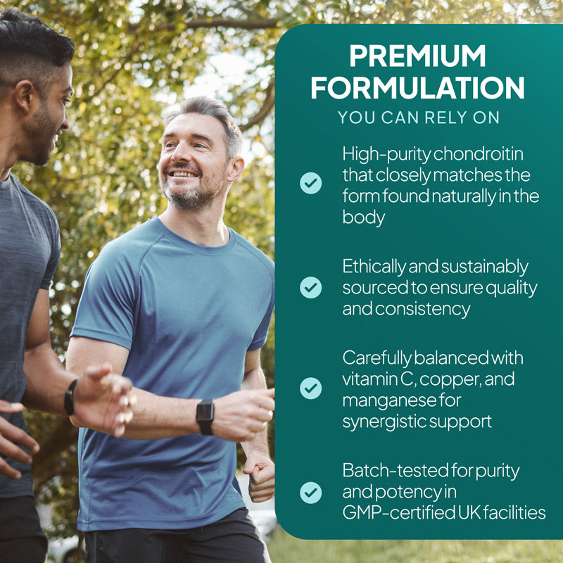 High purity chondroitin matches form found in body. Carefully balanced sustainably sourced with vitamin c, copper and manganese.