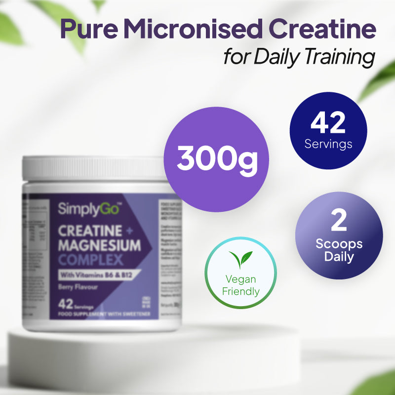 Product infographic for SimplyGo Creatine and Magnesium Complex, showing the tub on a white pedestal against a light background with purple circular callouts highlighting 300g, 42 servings, vegan friendly, and 2 scoops daily.