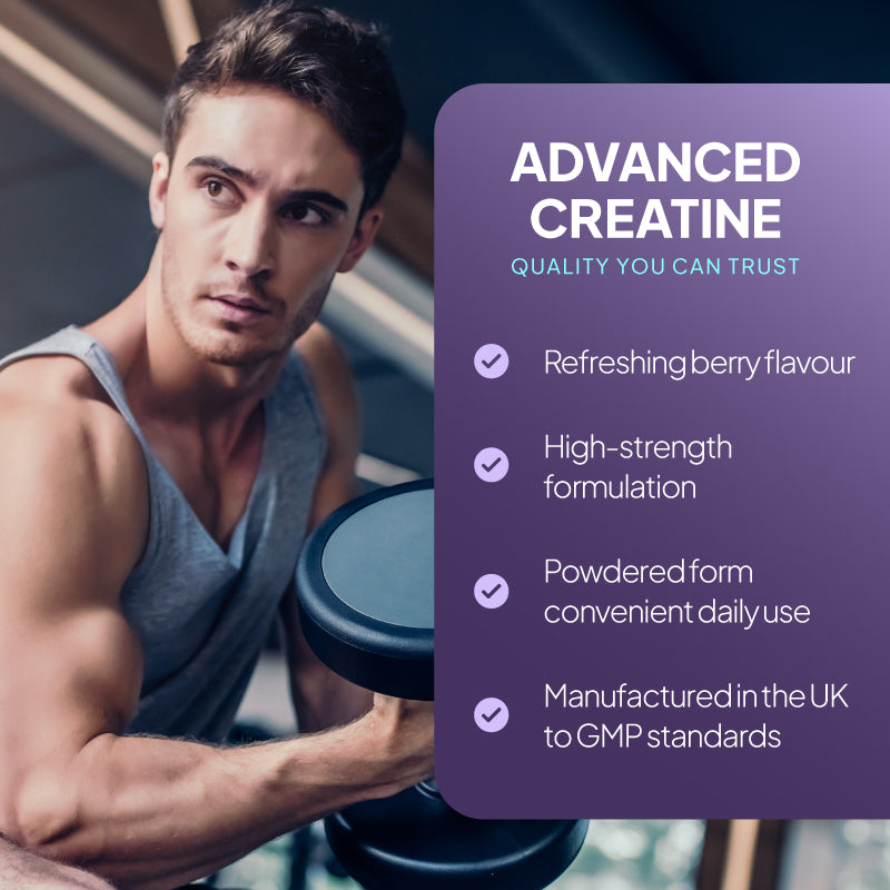 Lifestyle promotional graphic for SimplyGo creatine magnesium complex, showing a man exercising with a dumbbell beside a purple text panel reading “Advanced Creatine,” with points highlighting refreshing berry flavour, high-strength formulation, convenient powdered daily use, and manufacture in the UK to GMP standards.