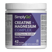 Front pack shot of SimplyGo Creatine and Magnesium Complex in a white tub with a purple label on a light grey background, highlighting creatine and magnesium complex with vitamins B6 and B12, berry flavour, 42 servings, and UK manufacture.