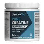 Front pack shot of SimplyGo Pure Creatine Monohydrate in a white tub with a blue and black label on a light grey background, highlighting pure creatine monohydrate, increased physical performance, 46 servings, and UK manufacture.