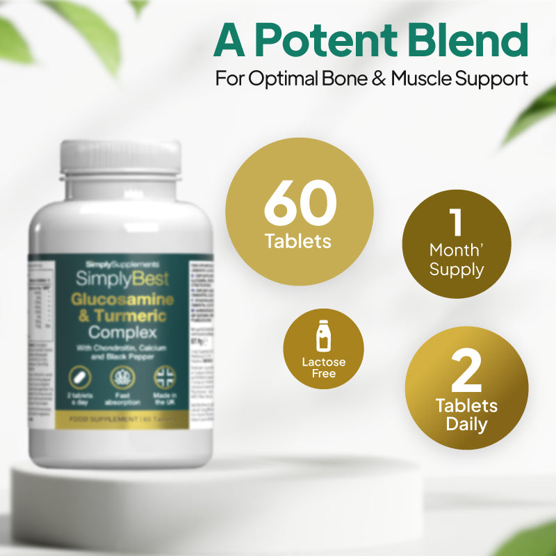 Simply Best Glucosamine & Turmeric supplement bottle with 60 tablets, 2 tablets daily, 1 month’s supply and lactose free