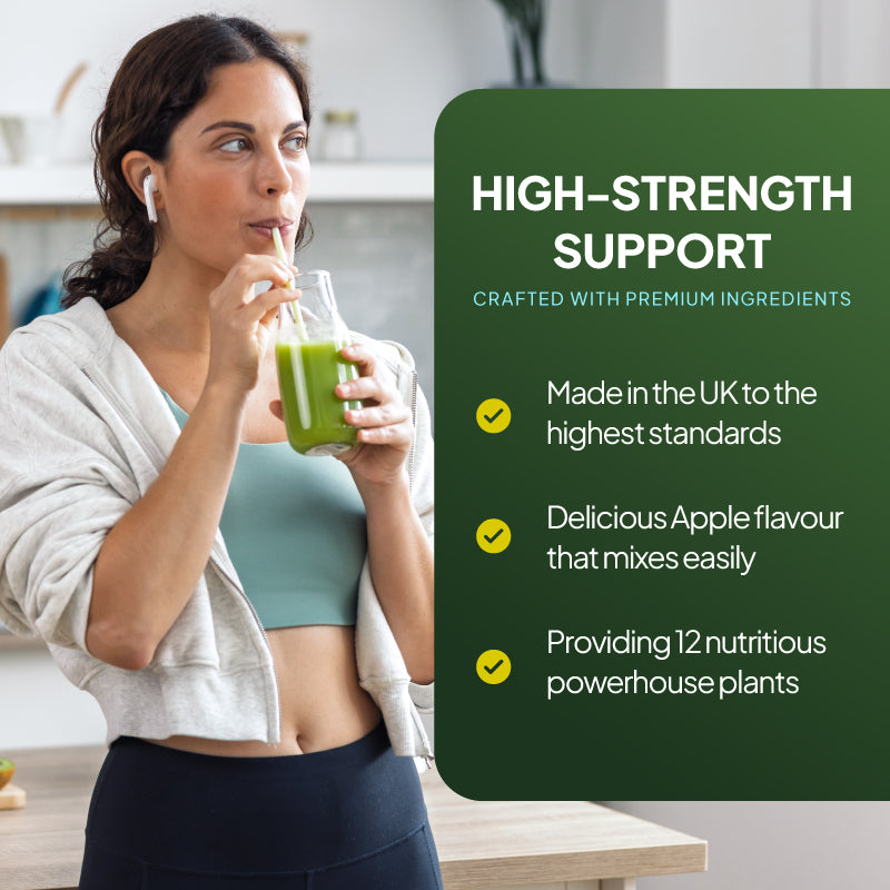 Woman drinking a green smoothie with text about high-strength support drink. Text by the side highlight it is made in the UK to the highest standards, delicious apple flavour and provides 12 nutritious powerhouse plants
