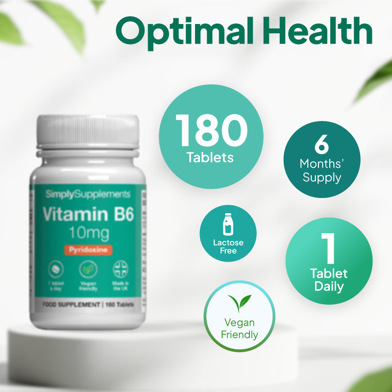 A bottle of SimplySupplements Vitamin B6 10mg dietary supplement shown on a white pedestal with marketing text and circular callouts reading 180 Tablets, 6 Months' Supply, Lactose Free, Vegan Friendly, and Optimal Health.