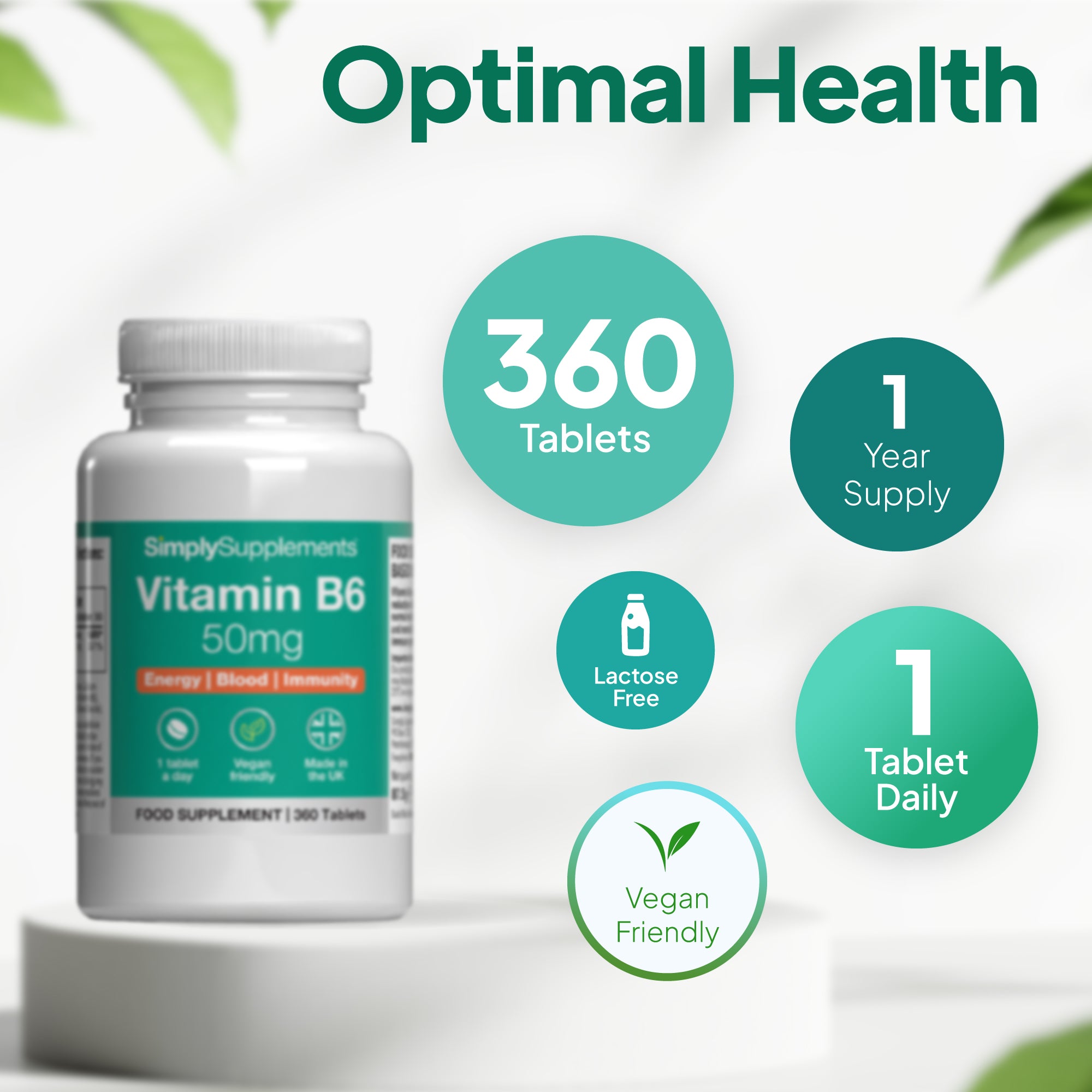 Product feature graphic for SimplySupplements Vitamin B6 50mg, showing the bottle held in a hand against a pale background with a large green curved shape, under the heading “Why Choose Vitamin B6 Tablets 50mg?” and bullet points highlighting contribution to hormonal balance, support for reducing tiredness and fatigue, and contribution to the maintenance of normal psychological function.