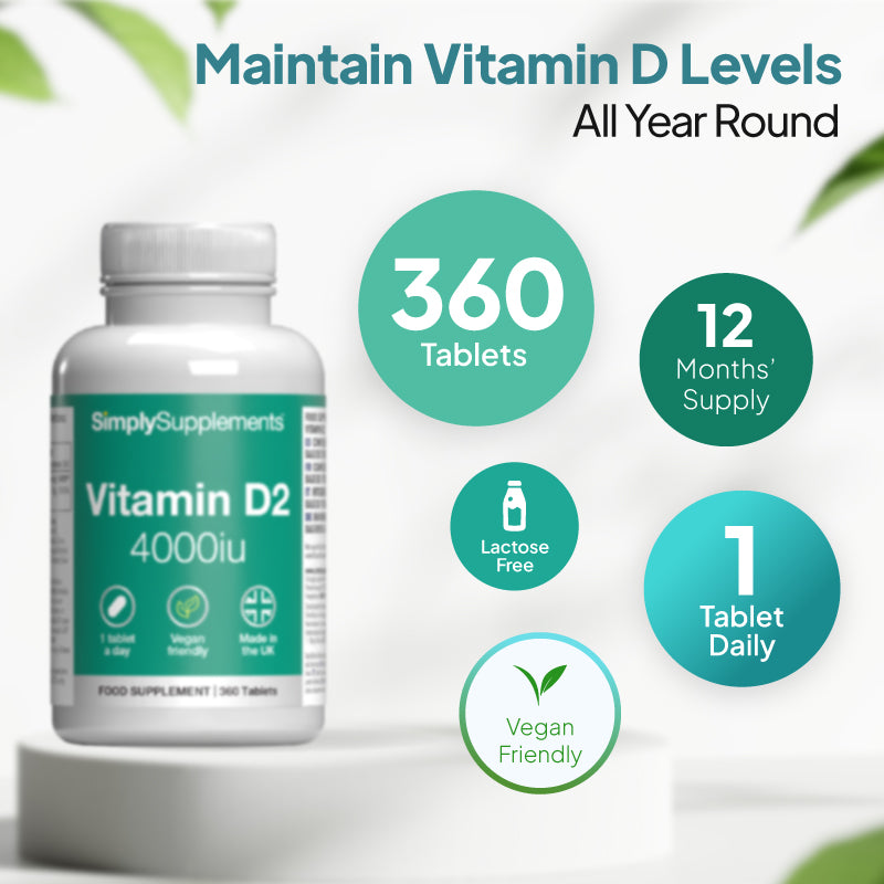 Simply Supplements Vitamin D2 4000 iu 360 tablets. 12 months supply, vegan friendly and lactose free