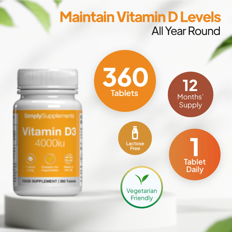 vitamin d3 4000iu, 360 tablets, 12 months supply 1 tablet per day lactose free and vegetarian friendly
