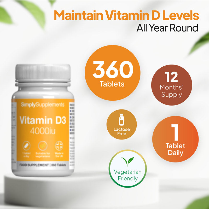 vitamin d3 4000iu, 360 tablets, 12 months supply 1 tablet per day lactose free and vegan friendly