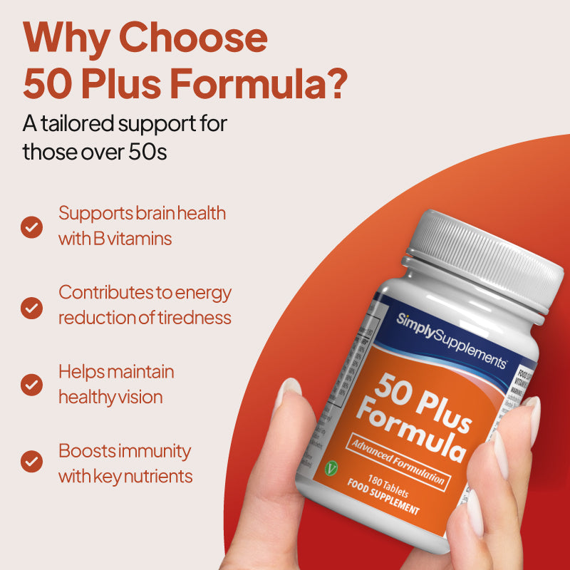 50 Plus Formula supports brain health with b vitamins, contributes to energy, helps maintain healthy vision and boosts immunity.