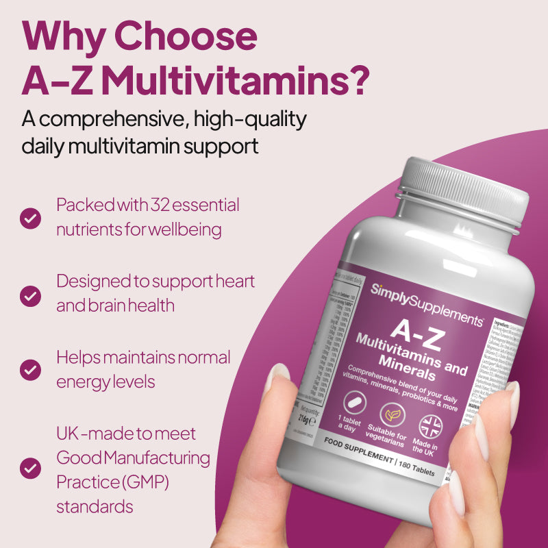 A to Z Multivitamins & Minerals is packed with 32 essential nutrients for wellbeing and help maintains normal energy levels