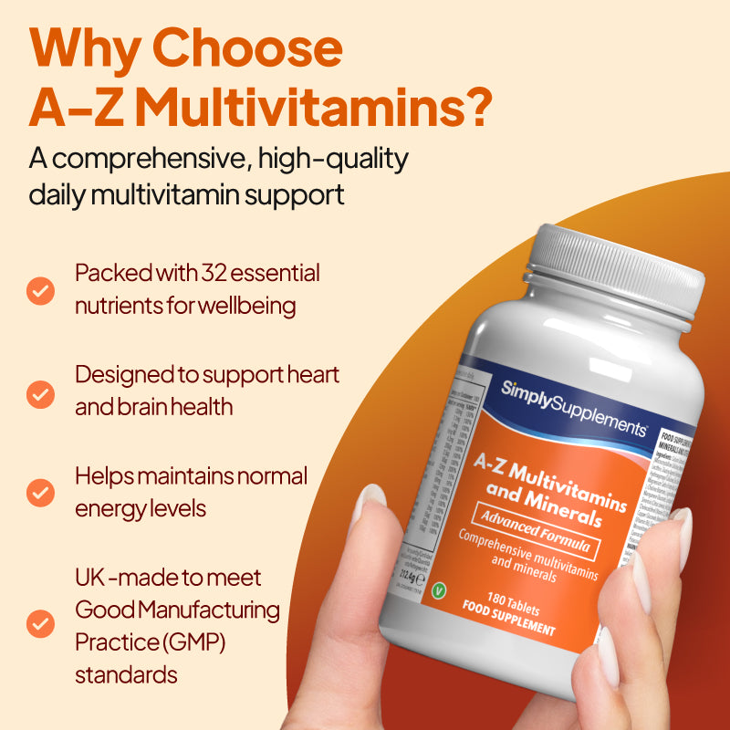 A to Z Multivitamins & Minerals is packed with 32 essential nutrients for wellbeing and help maintains normal energy levels