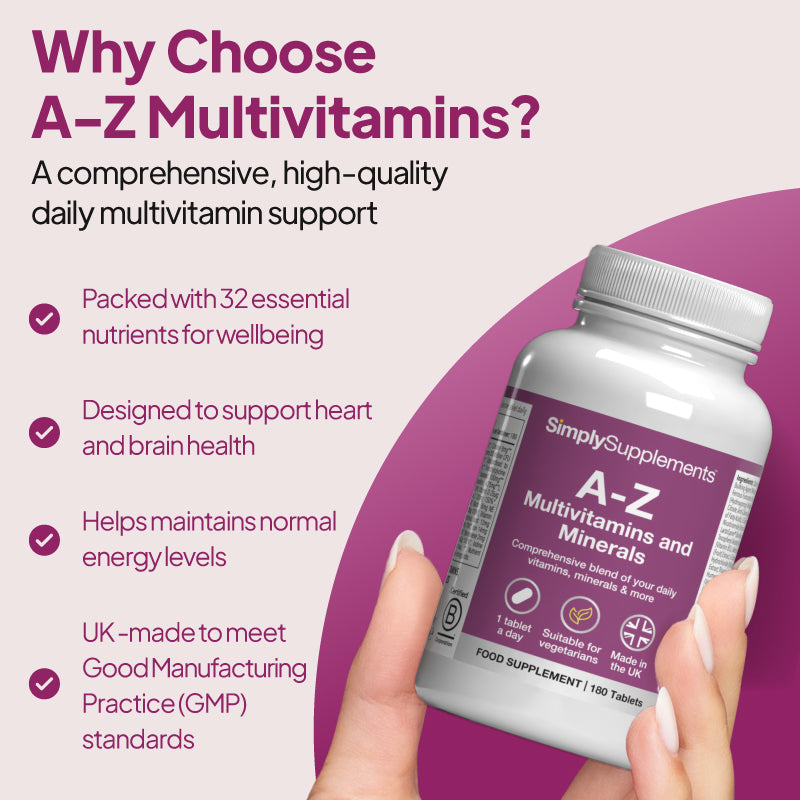 A to Z Multivitamins & Minerals is packed with 32 essential nutrients for wellbeing and help maintains normal energy levels