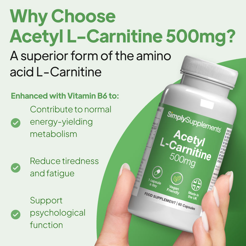 Simply Supplements Acetyl L-Carnitine 500mg supplement graphic highlighting vitamin B6 support for energy-yielding metabolism, reduced tiredness and fatigue, and normal psychological function.