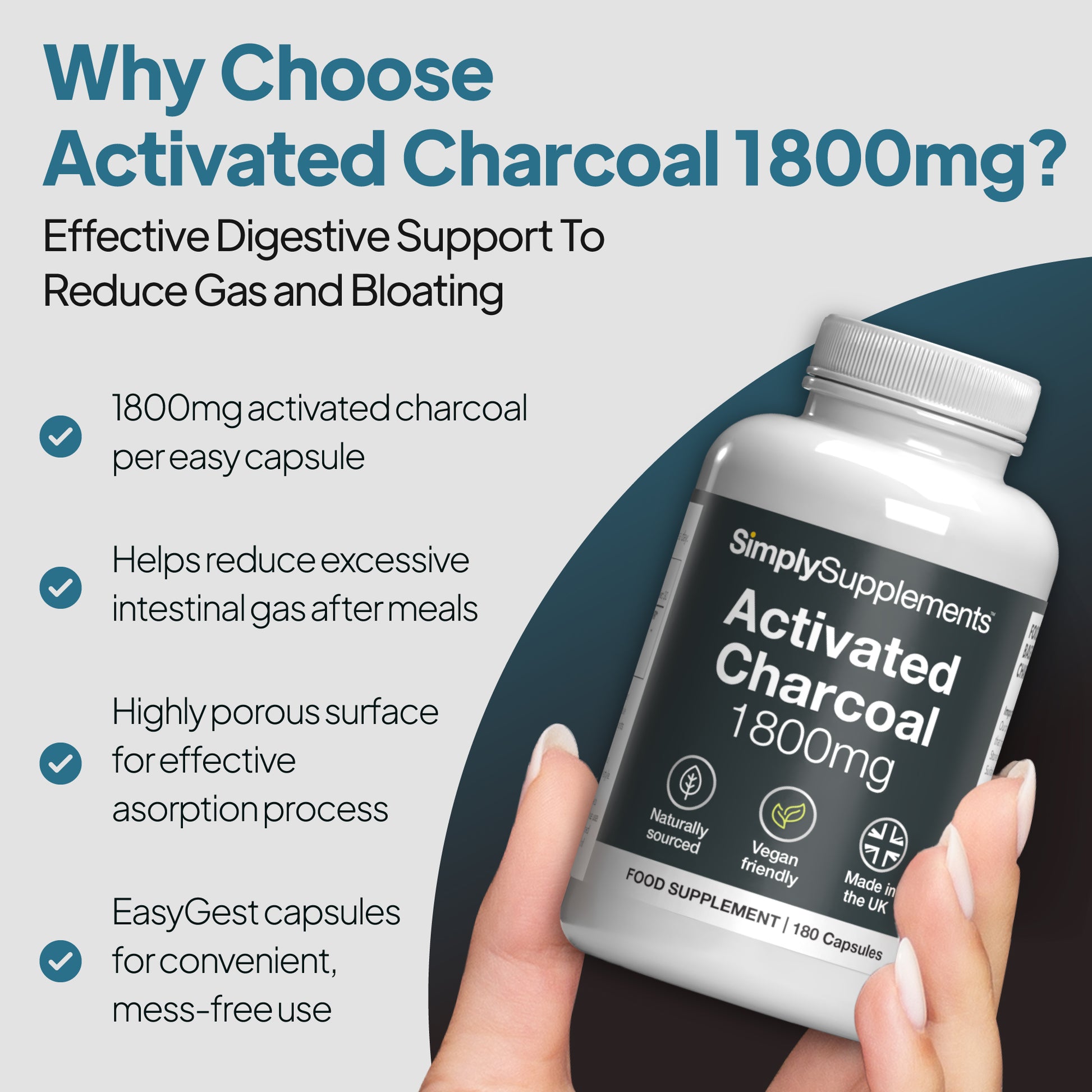 Product feature graphic for Simply Supplements Activated Charcoal 300mg, showing the bottle angled in a hand against a grey background with a blue curved shape, under the heading “Why Choose Activated Charcoal 1800mg?” and bullet points noting 1800mg activated charcoal per easy capsule, help reducing excessive intestinal gas after meals, a highly porous surface for effective adsorption, and EasyGest capsules for convenient, mess-free use.
