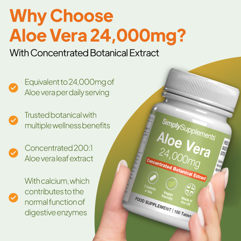 A hand holding a bottle of SimplySupplements Aloe Vera 24,000mg food supplement, set against a light green background with promotional text highlighting its concentrated botanical extract.