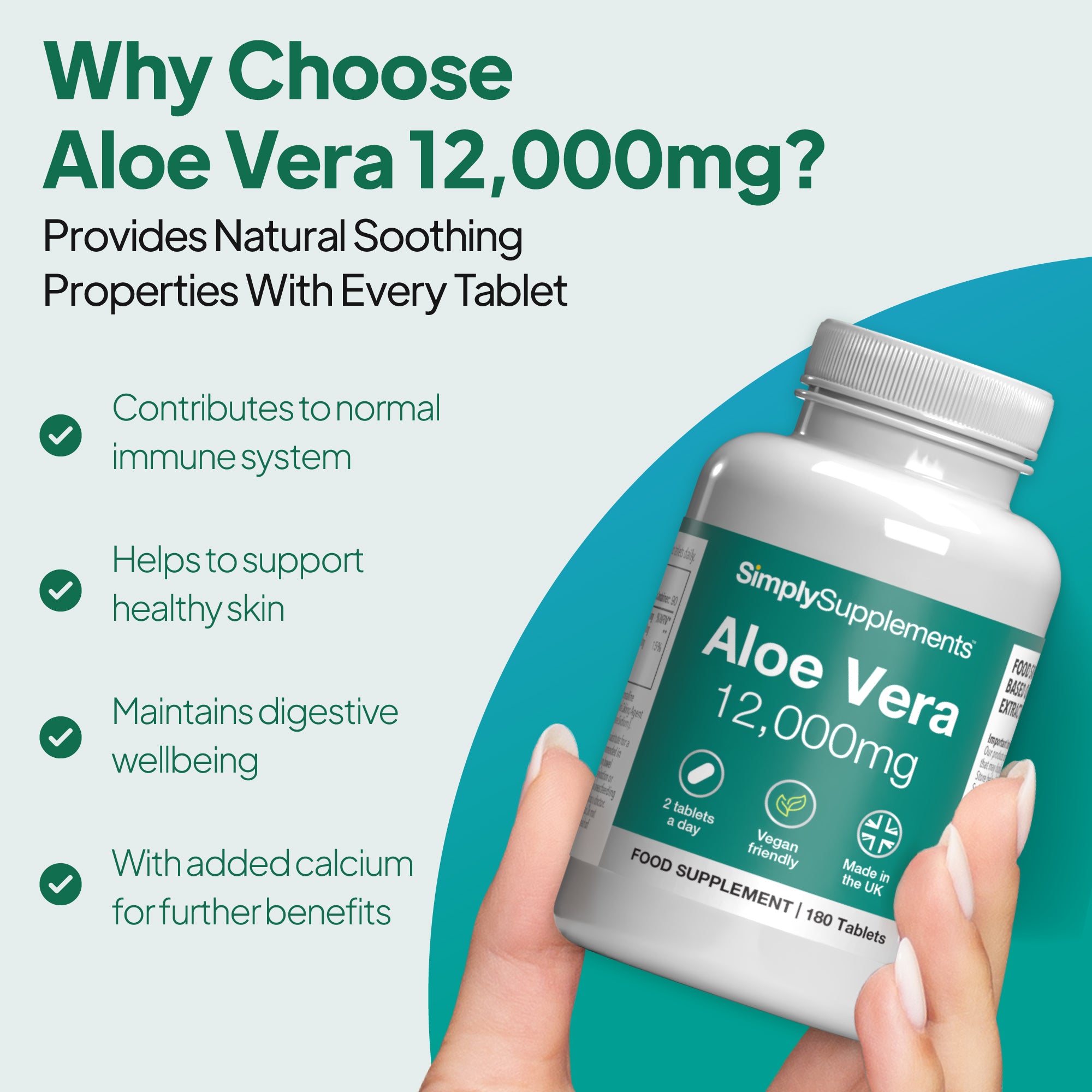 Aloe Vera Tablets 12,000mg contributes to normal immune system, healthy skin and maintains digestive wellbeing
