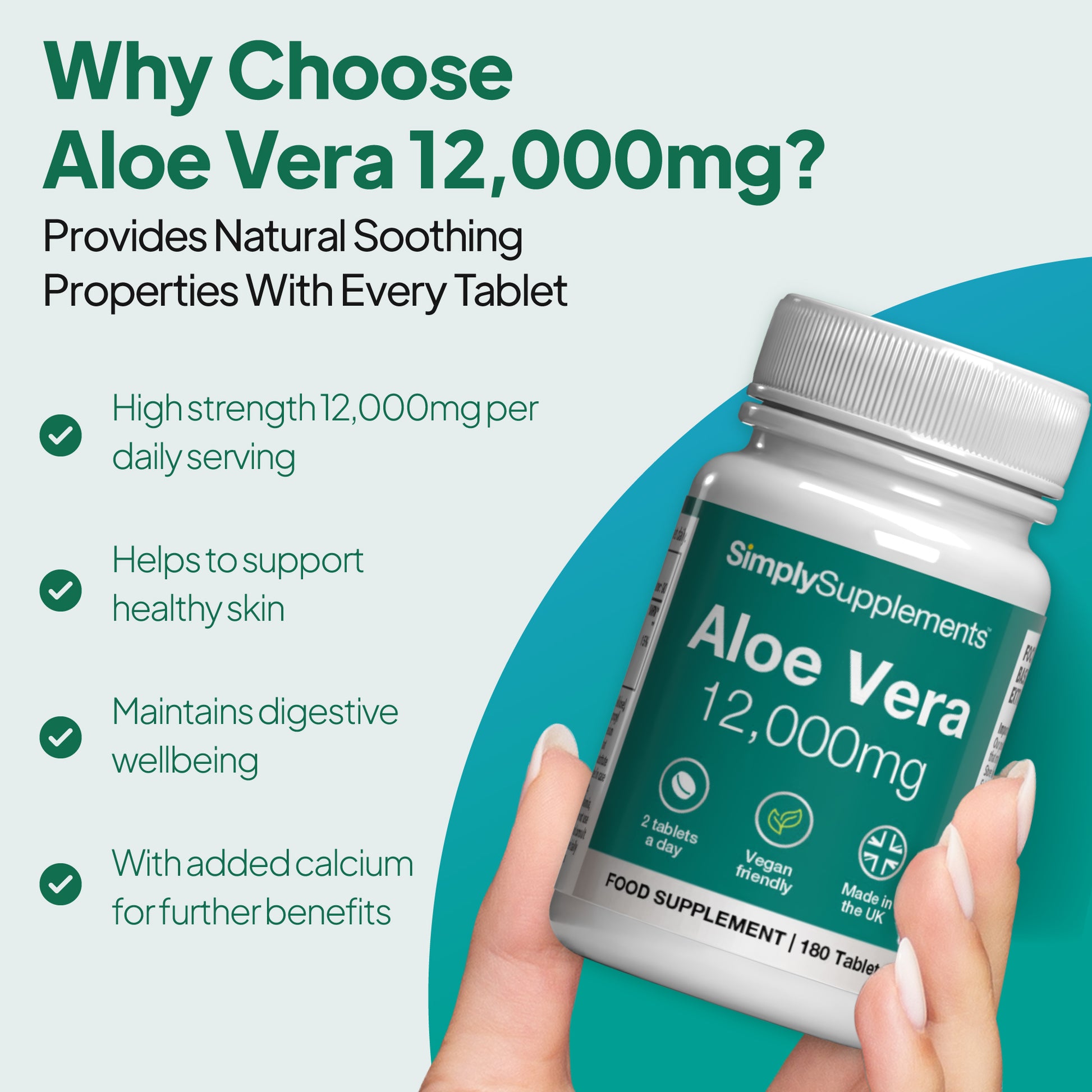 Aloe Vera Tablets 12,000mg contributes to healthy skin and maintains digestive wellbeing