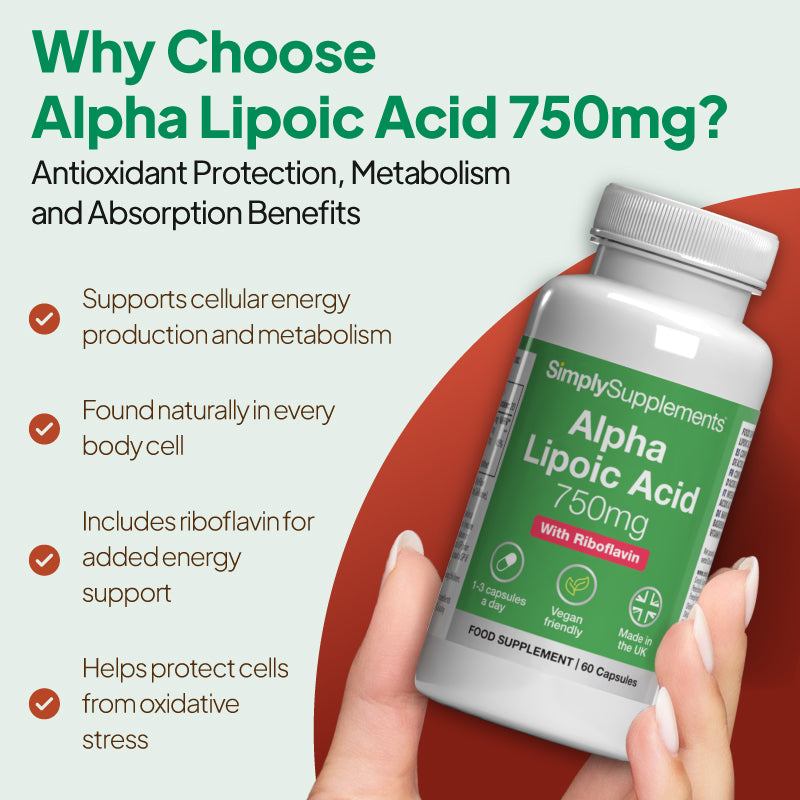Promotional graphic for Simply Supplements Alpha Lipoic Acid 750mg showing the bottle in hand with claims including support for cellular energy production and metabolism, naturally present in every body cell, added riboflavin, and protection against oxidative stress.