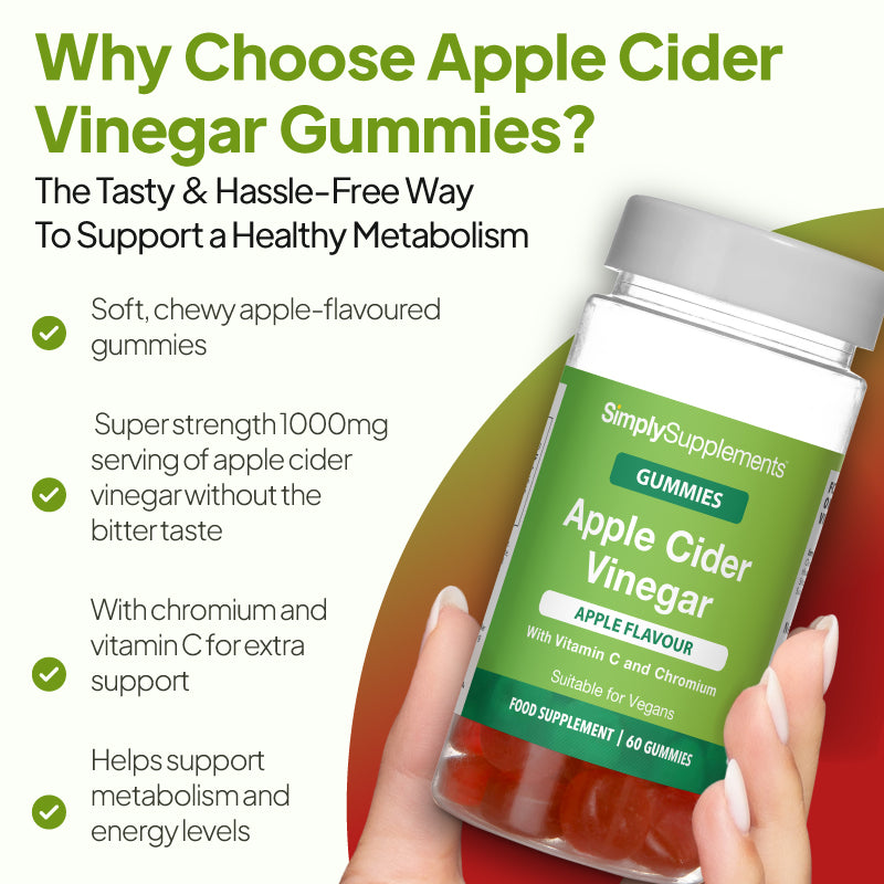 Simply Supplements apple flavour gummies, highlighting 1000mg apple cider vinegar per serving, chromium and vitamin C support, metabolism support, and a soft chewable alternative without the bitter taste
