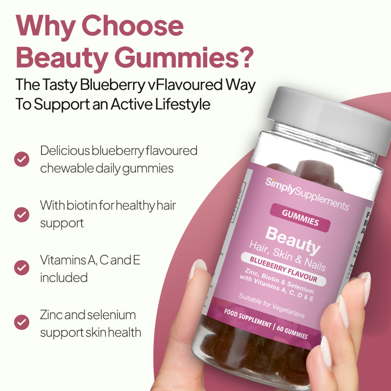 Simply Supplements blueberry flavour Beauty gummies benefits to hair, skin and nails, highlighting biotin for healthy hair support, vitamins A, C and E, and zinc and selenium for skin health