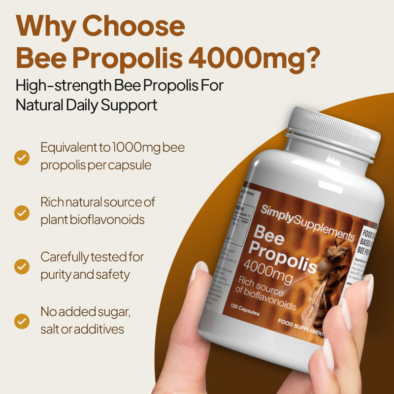 Simply Supplements Bee Propolis 4000mg image highlighting high-strength daily support, 1000mg bee propolis per capsule, natural bioflavonoids, tested purity, and no added sugar, salt or additives.