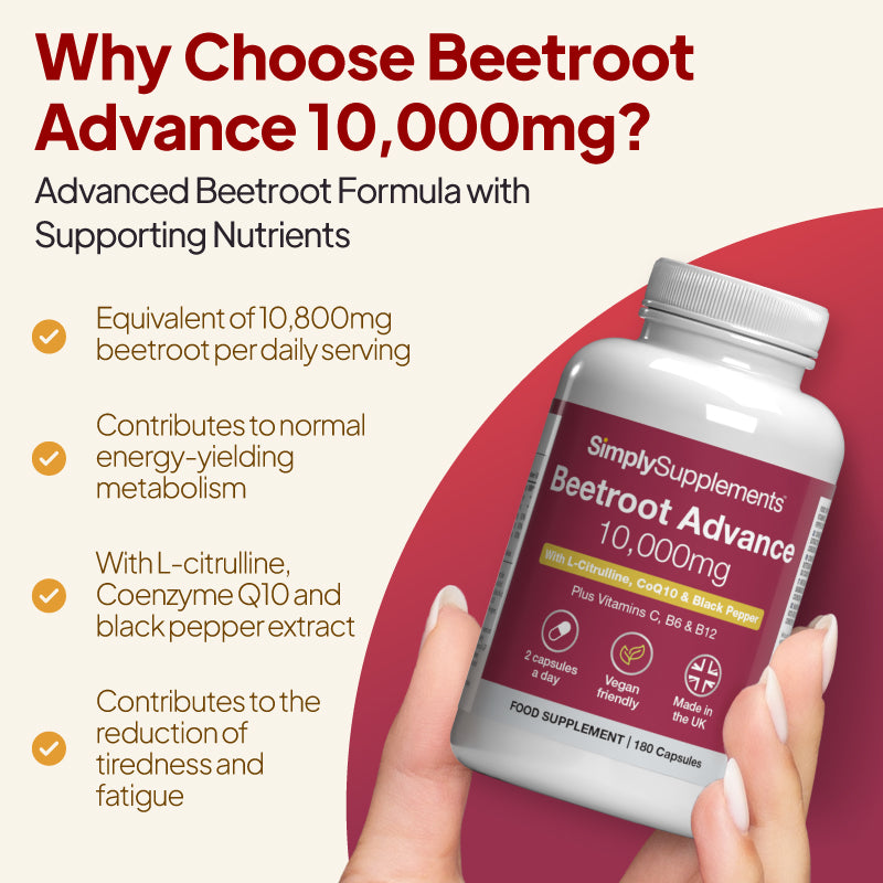 Why choose beetroot advance? Contributes to normal energy-yielding metabolism along with the reduction of tiredness and fatigue.