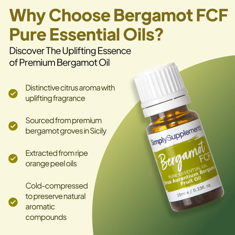 Simply Supplements Bergamot FCF pure essential oil graphic highlighting uplifting citrus aroma, premium Sicilian bergamot sourcing, ripe peel extraction and cold-compressed aromatic oil.