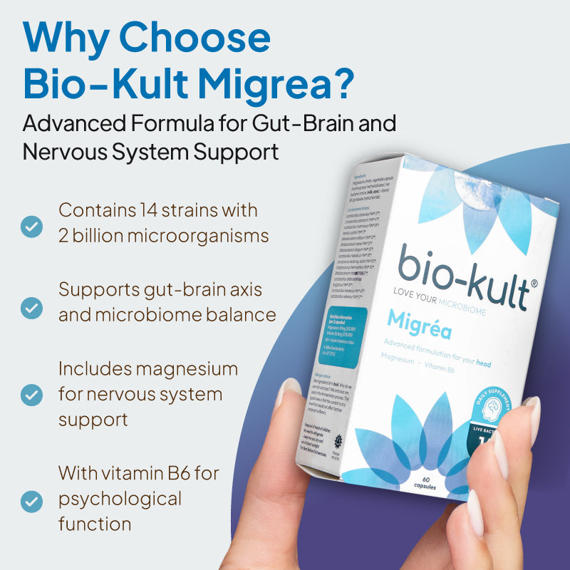 Product feature graphic for Bio-Kult Migrea, showing the box angled in a hand against a pale background with a blue curved shape, under the heading “Why Choose Bio-Kult Migrea?” and bullet points noting 14 strains with 2 billion microorganisms, support for the gut-brain axis and microbiome balance, magnesium for nervous system support, and vitamin B6 for psychological function.
