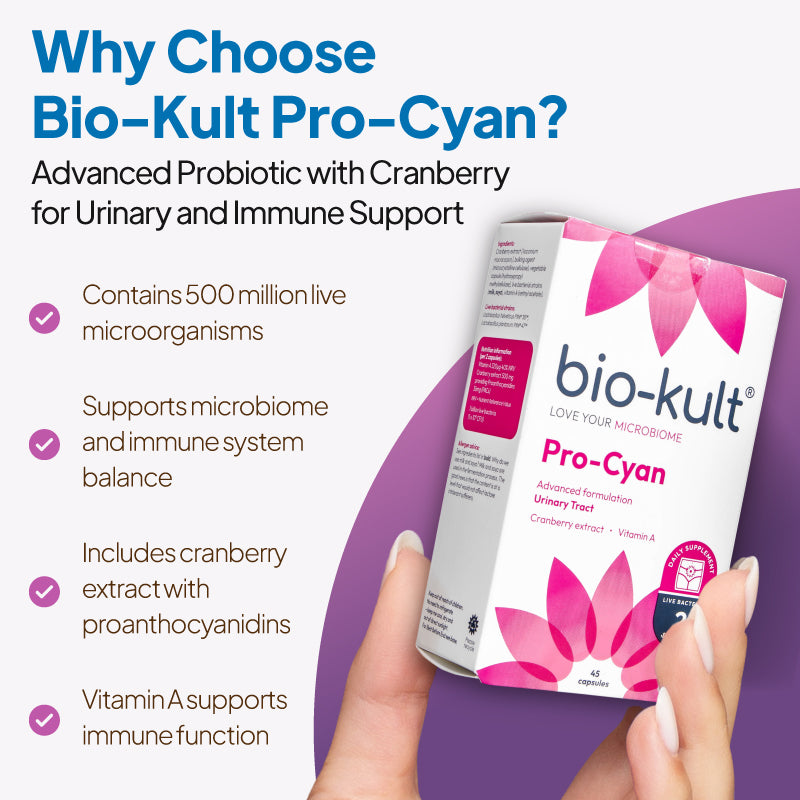 Product feature graphic for Bio-Kult Pro-Cyan, showing the box angled in a hand against a pale background with a purple curved shape, under the heading “Why Choose Bio-Kult Pro-Cyan?” and bullet points noting 500 million live microorganisms, support for microbiome and immune system balance, cranberry extract with proanthocyanidins, and vitamin A for immune function.