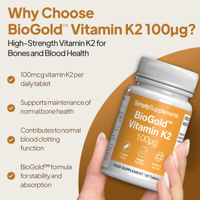Simply Supplements BioGold Vitamin K2 100µg image highlighting support for normal bone health, normal blood clotting, and a high-strength daily vitamin K2 formula.