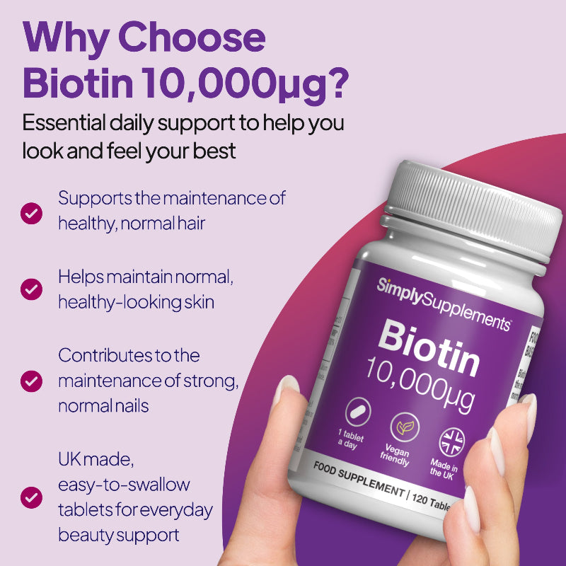 Bottle of Simply Supplements Biotin essential daily support to help you look and feel your best