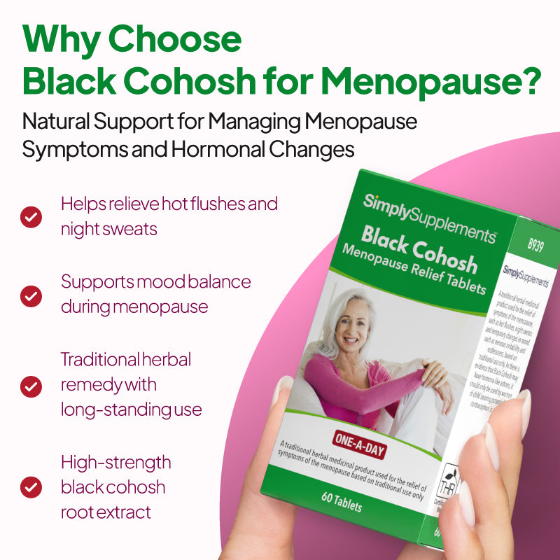 Product feature graphic for SimplySupplements Black Cohosh Menopause Relief Tablets, showing the product box held in a hand against a pale background with a curved pink shape, under the heading “Why Choose Black Cohosh for Menopause?” and bullet points highlighting relief for hot flushes and night sweats, support for mood balance during menopause, traditional herbal remedy use, and a high-strength black cohosh root extract.
